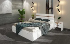 Camera da letto completa con letto contenitore 140x200 cm bianco lucido e noce CDLU39
