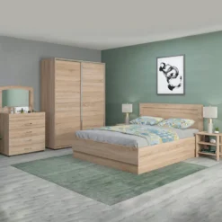 Camera da letto completa 160x200 con comò e specchio effetto legno sonoma CMG44