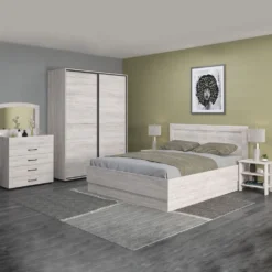 Camera da letto completa 160x200 con comò e specchio effetto legno bianco CMG44