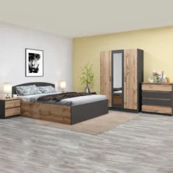 Camera da letto completa 160x200 con comò design moderno effetto legno rovere e antracite CMG45