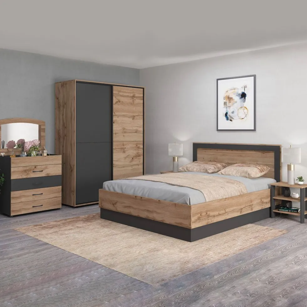 Camera da letto completa 160x200 con comò e specchio effetto legno rovere e antracite CMG44