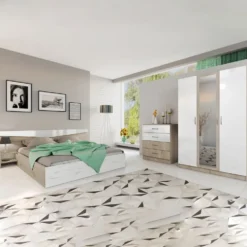 Camera da letto matrimoniale completa 160x200cm Rovere chiaro/Bianco Lucido CDLI40