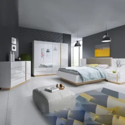 Camera da letto matrimoniale completa moderna bianco con dettagli rovere CDLLK1