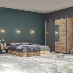 Camera da letto matrimoniale 160x200 completa effetto legno rovere e antracite CMG43