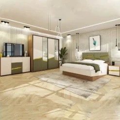 Camera matrimoniale completa 160x200 cm con letto contenitore in noce, beige e verde oliva CDLU38
