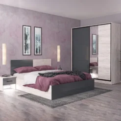 Camera matrimoniale completa 160x200 cm in rovere bianco e grigio lucido CMG31