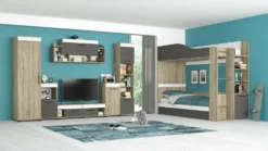 Cameretta completa con letto a castello contenitore 90x200 cm in rovere, antracite e bianco CBG11