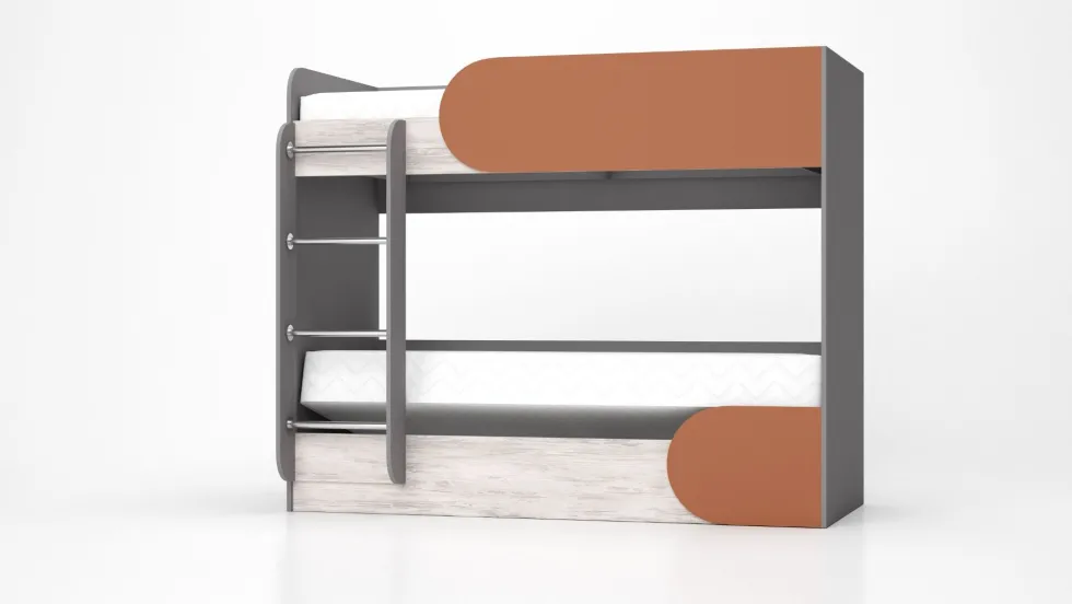 Cameretta completa con letto a castello grigio, bianco legno, arancio CBG1