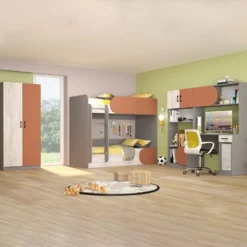 Cameretta completa con letto a castello grigio, bianco legno, arancio CBG1