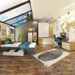 Cameretta completa moderna, letto con cassetti 90x200 cm in grafite, rovere chiaro e beige CCU21