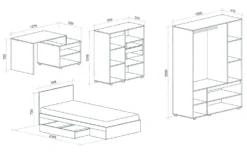 Cameretta completa moderna, letto con cassetti 90x200 cm in grafite, rovere chiaro e beige CCU21