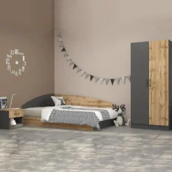 Cameretta 120x190 completa con letto a una piazza e mezza ad angolo rovere e antracite CBG8