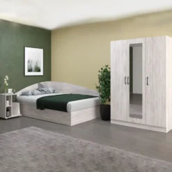 Cameretta 120x190 con letto a una piazza e mezza ad angolo e comodino moderno bianco legno CBG9