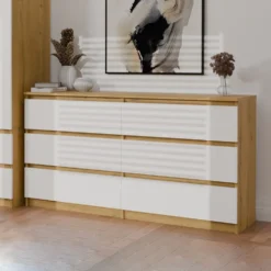 Cassettiera moderna con 6 cassetti 138x40x75 cm rovere e bianco CMMT11