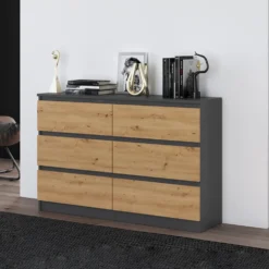 Cassettiera per camera da letto con 6 cassetti 120x30x75 cm rovere e antracite CMMT10