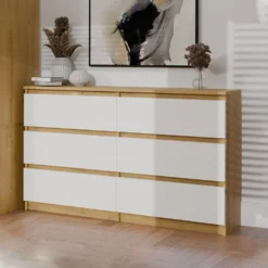Cassettiera per camera da letto con 6 cassetti 120x30x75 cm rovere e bianco CMMT10