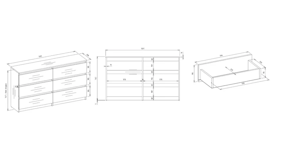 Cassettiera per camera da letto con 6 cassetti 120x30x75 cm rovere chiaro CMMT10