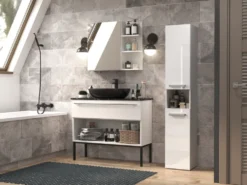 Colonna bagno salvaspazio 31x174 con cesto portabiancheria bianco lucido CBT4