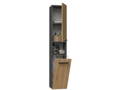 Colonna bagno salvaspazio 31x174 con cesto portabiancheria rovere e antracite CBT4