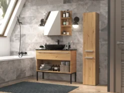 Colonna bagno salvaspazio 31x174 con cesto portabiancheria rovere CBT5