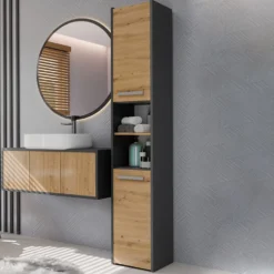 Colonna bagno salvaspazio 30x170 cm con ante e mensola rovere e antracite CBT6