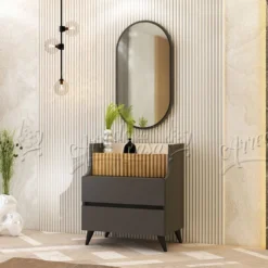 Comò con specchio 70x80x48 cm, 3 cassetti rovere scuro, beige e grafite CU47
