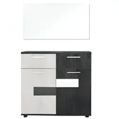 Comò moderno bicolore con 2 cassetti e 2 ante bianco e nero ruvido CG24