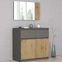 Comò moderno con ante e cassetti 90x86x43 cm in rovere cannettato e grafite CG44