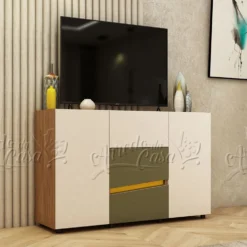 Comò moderno con dettagli dorati 130x85x43 cm in noce, beige, verde oliva CU45