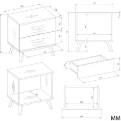 Comodino moderno 45x47 cm con 2 cassetti bianco e rovere COT9