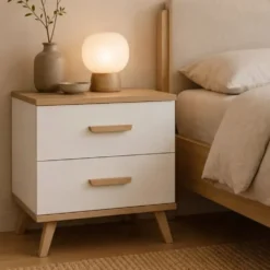 Comodino moderno 45x47 cm con 2 cassetti bianco e rovere COT9