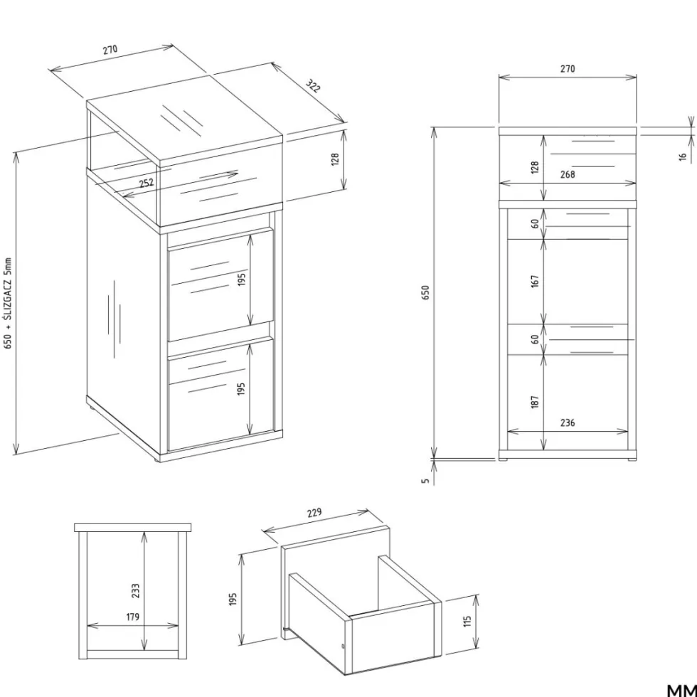 Comodino salvaspazio 27x65 cm con vano a giorno rovere COT8