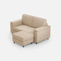 Divano 168x85cm design a due posti con bracciolo squadrato e pouf stoffa idrorepellente beige DI5