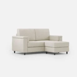 Divano 168x85cm design a due posti con bracciolo squadrato e pouf stoffa idrorepellente bianco latte DI5