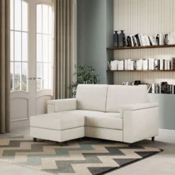 Divano 168x85cm design a due posti con bracciolo squadrato e pouf stoffa idrorepellente bianco latte DI5