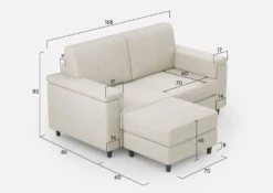 Divano 168x85cm design a due posti con bracciolo squadrato e pouf stoffa idrorepellente bianco latte DI5