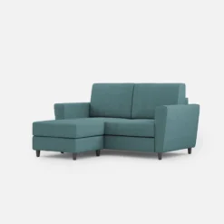 Divano 172x85cm design a due posti con piedini in legno e pouf idrorepellente blu petrolio DI38