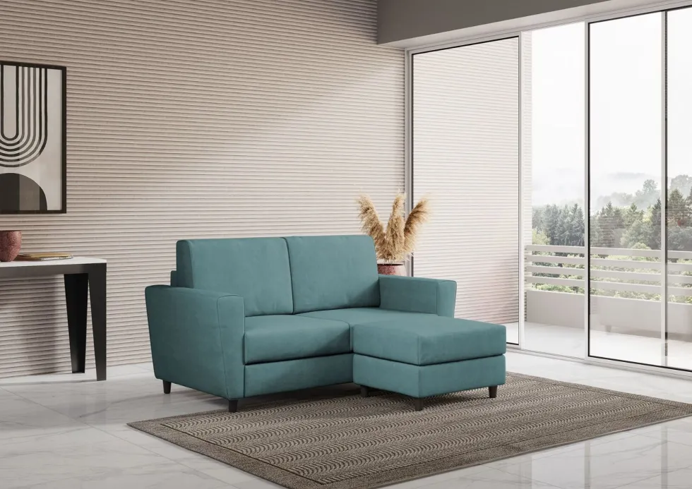Divano 172x85cm design a due posti con piedini in legno e pouf idrorepellente blu petrolio DI38