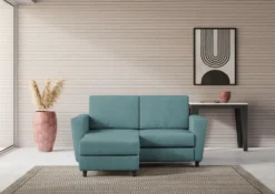 Divano 172x85cm design a due posti con piedini in legno e pouf idrorepellente blu petrolio DI38