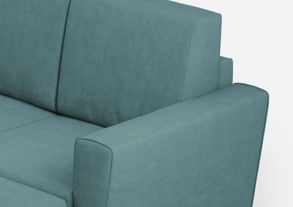 Divano 172x85cm design a due posti con piedini in legno e pouf idrorepellente blu petrolio DI38