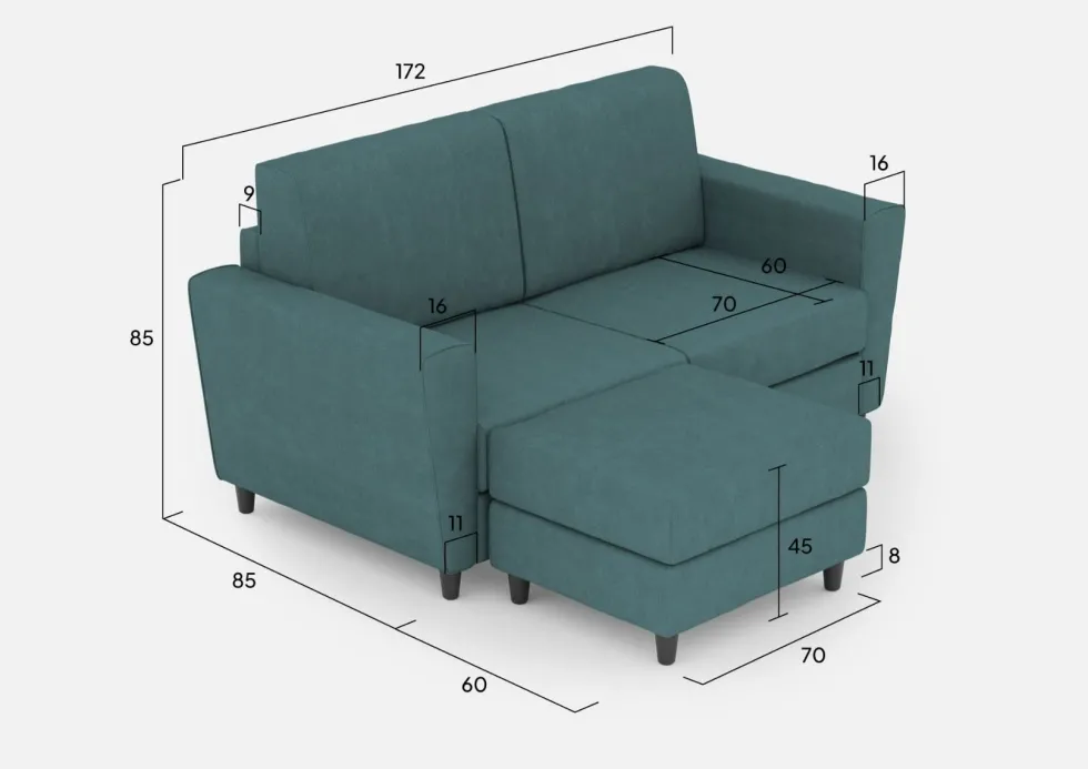Divano 172x85cm design a due posti con piedini in legno e pouf idrorepellente blu petrolio DI38