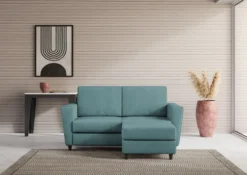 Divano 172x85cm design a due posti con piedini in legno e pouf idrorepellente blu petrolio DI38
