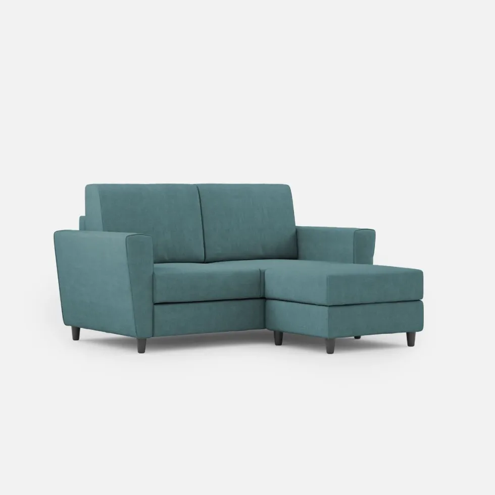 Divano 172x85cm design a due posti con piedini in legno e pouf idrorepellente blu petrolio DI38