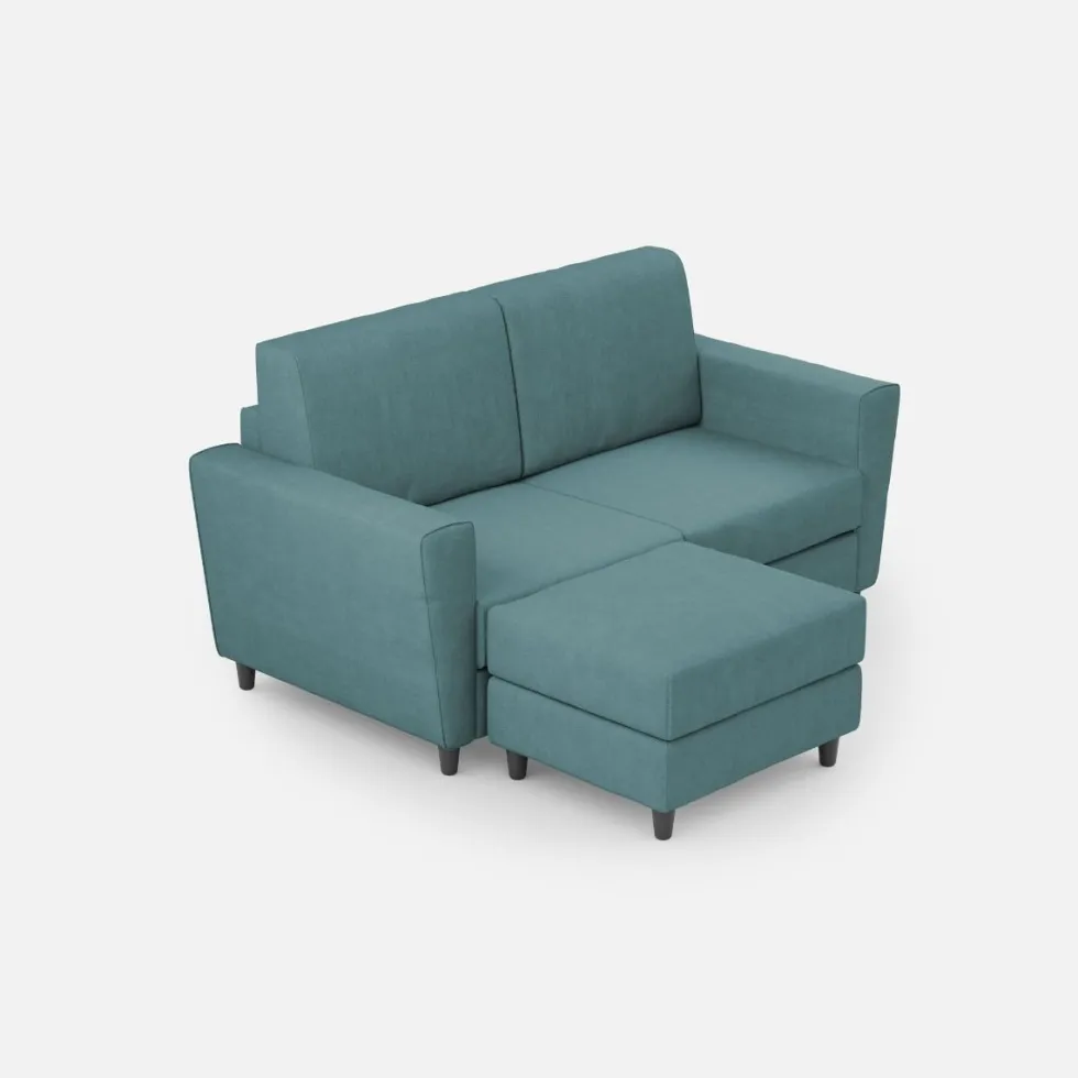 Divano 172x85cm design a due posti con piedini in legno e pouf idrorepellente blu petrolio DI38