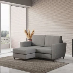 Divano 172x85cm design a due posti con piedini in legno e pouf idrorepellente grigio DI38