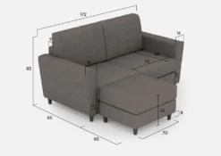 Divano 172x85cm design a due posti con piedini in legno e pouf idrorepellente grigio DI38