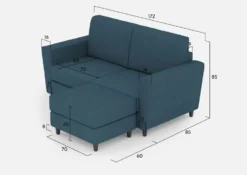 Divano 172x85cm design a due posti con piedini in legno e pouf idrorepellente blu avio DI38