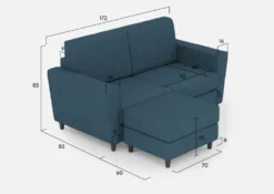 Divano 172x85cm design a due posti con piedini in legno e pouf idrorepellente blu avio DI38