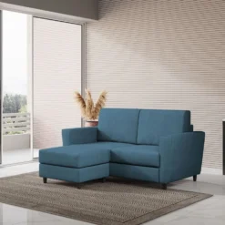 Divano 172x85cm design a due posti con piedini in legno e pouf idrorepellente blu avio DI38