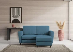 Divano 172x85cm design a due posti con piedini in legno e pouf idrorepellente blu avio DI38